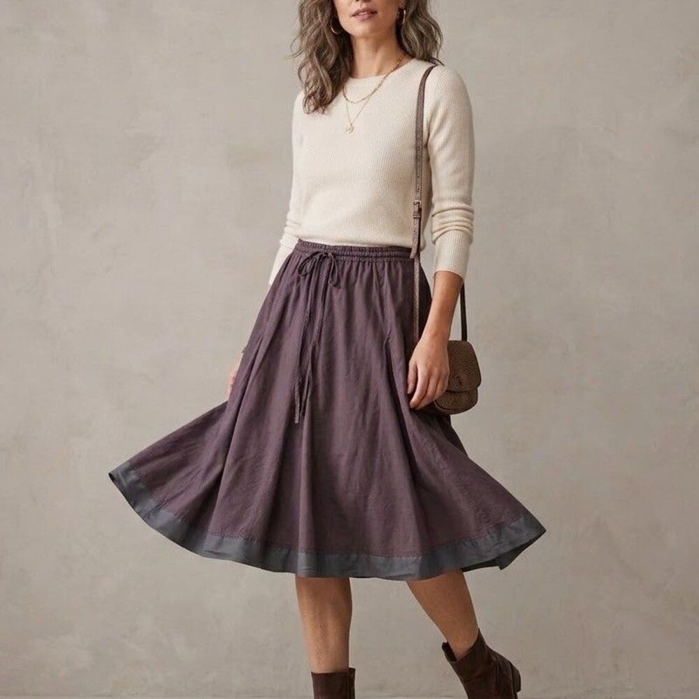 Garnet Hill Skirt Womens 10 Plum Eggplant Full Circle Midi Cotton Satin TrimBoho